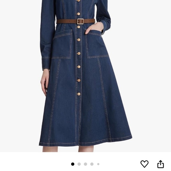 Women's Denim Dress Button Down Lapel Collar Casual Midi Dress with Belt - Picture 16 of 16